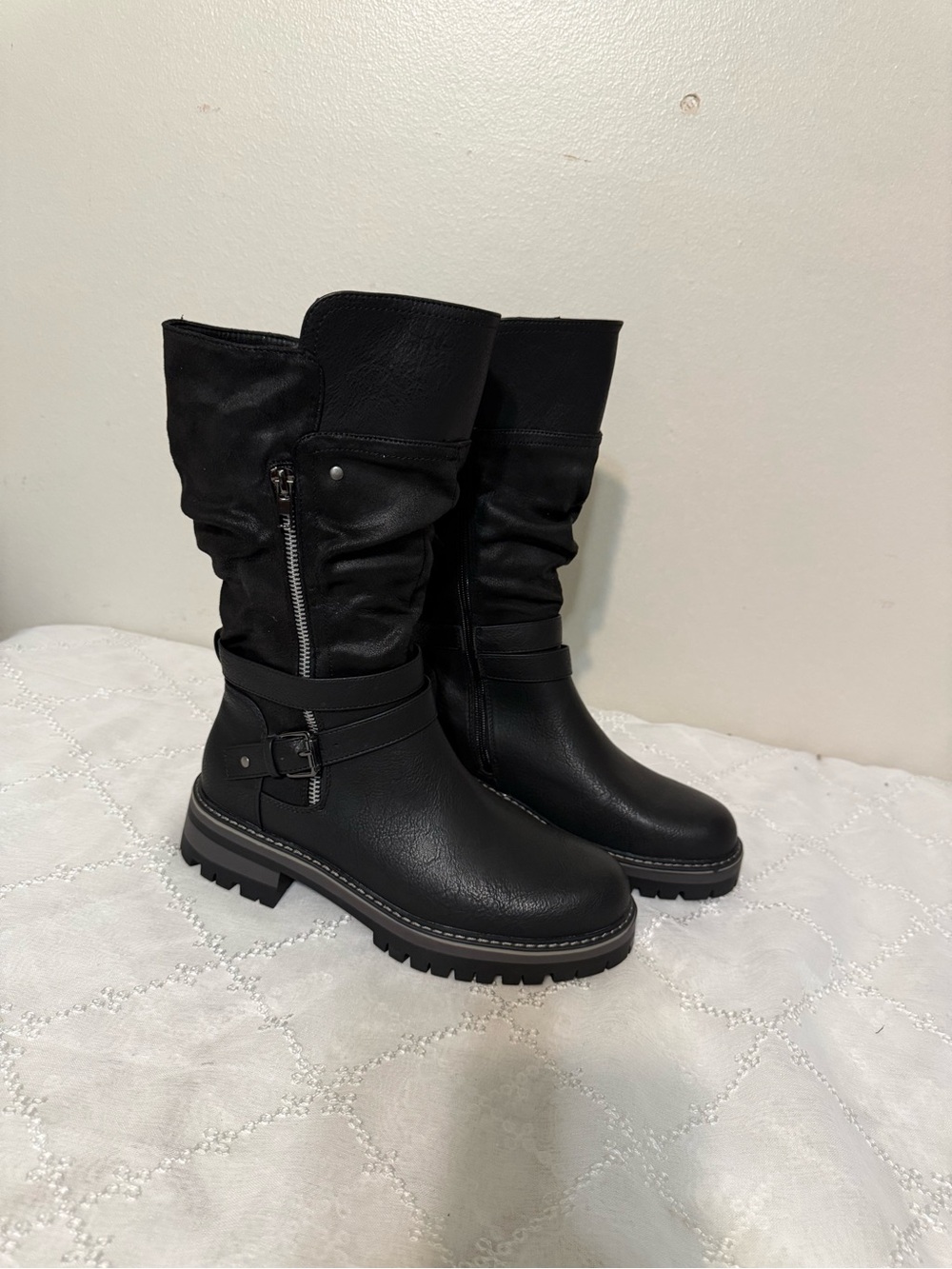 Blair Black Mid-Calf Lace-Up Riding Boots with Buckle